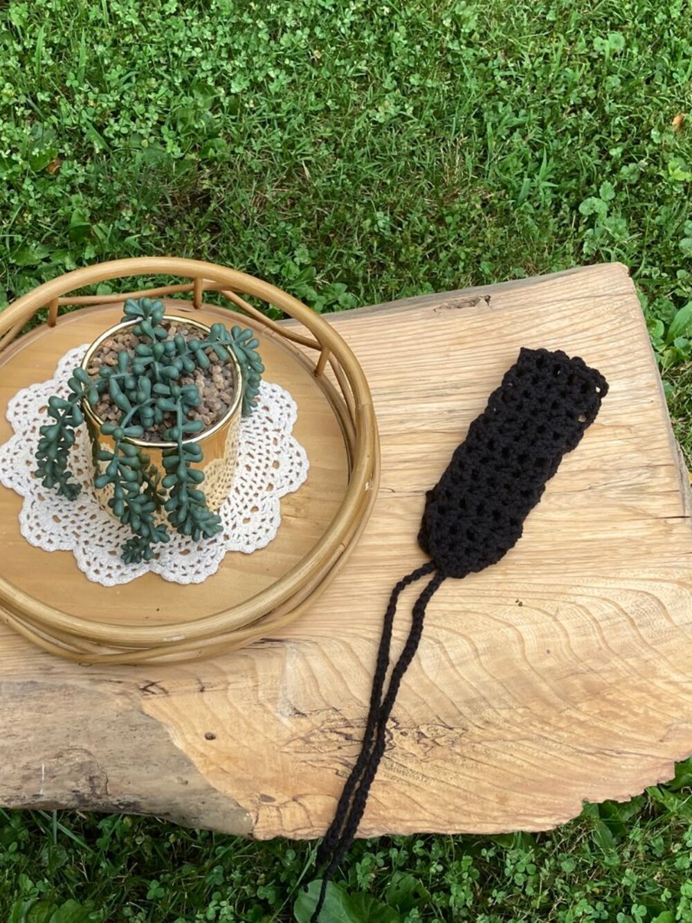 Handmade Crochet Tie Back Headband Adult Black Boho Hair Band